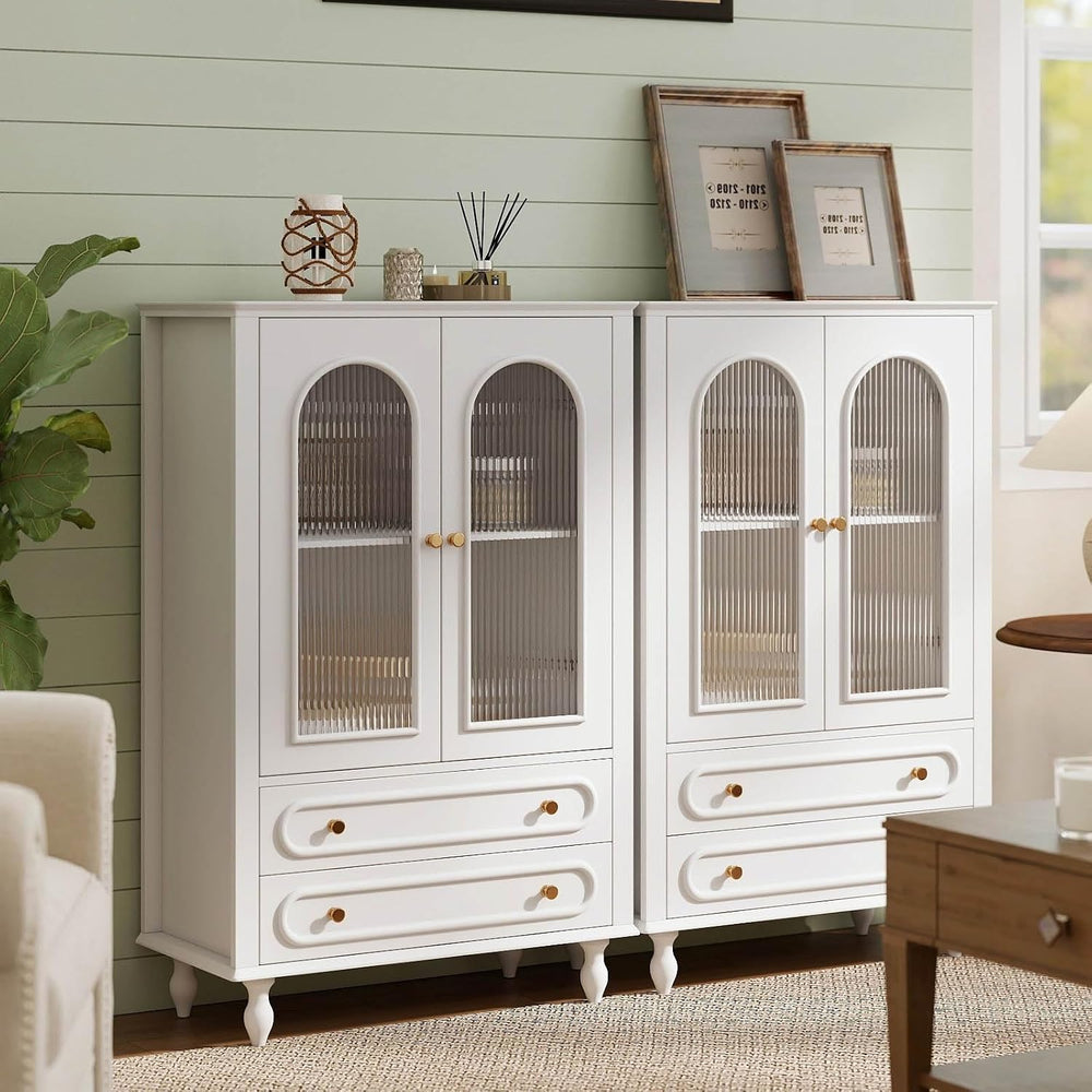 46.5'' Tall Accent Cabinet with Arched Doors,Fluted Glass Cabinet,White