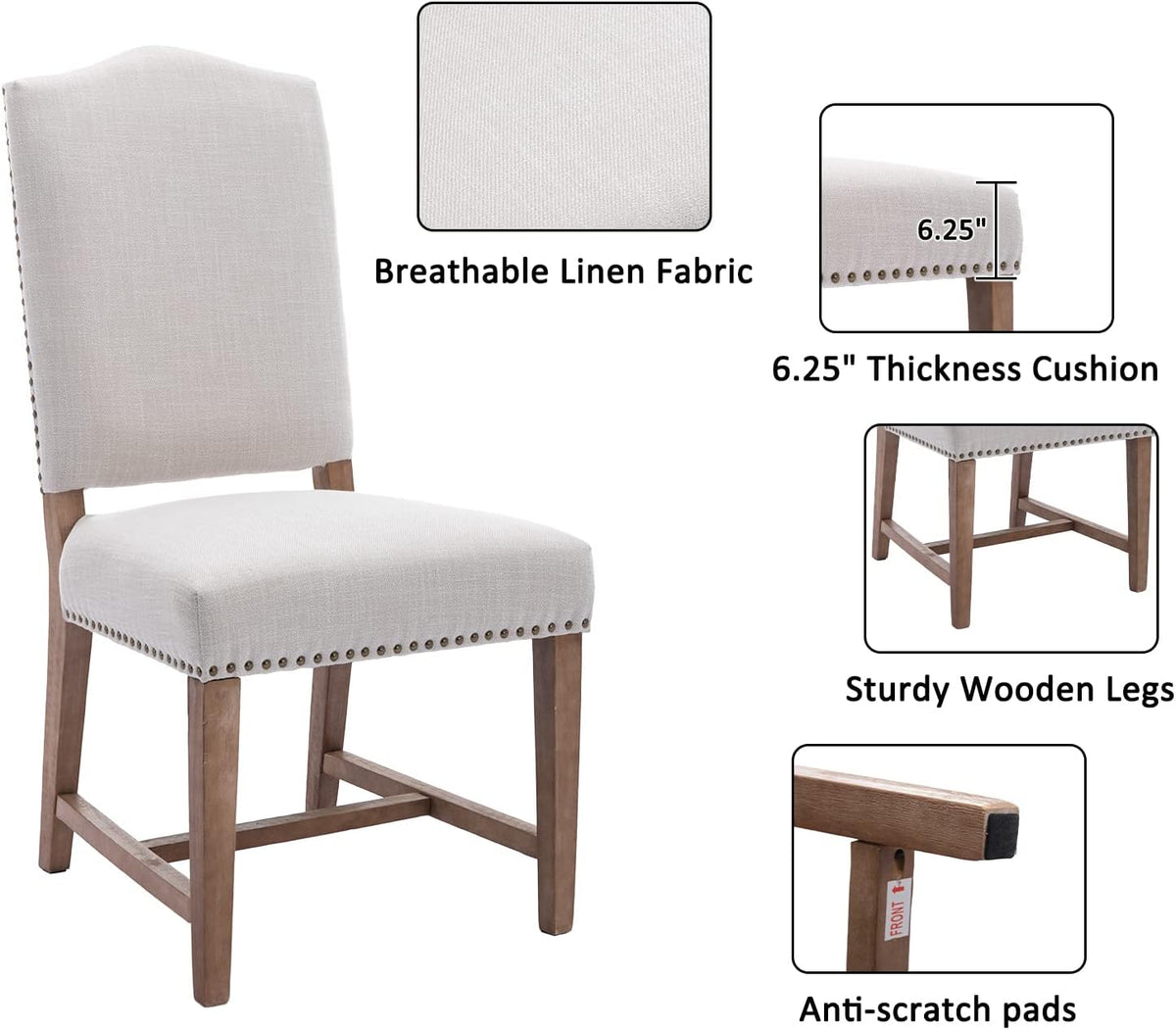 Shunzhi Farmhouse Upholstered Dining Chairs Set of 2 Mid Century Modern Dining Room Chairs Parson Linen Chairs Armless Kitchen Side Chairs with Wood Frame/High Back/Nailhead, Beige