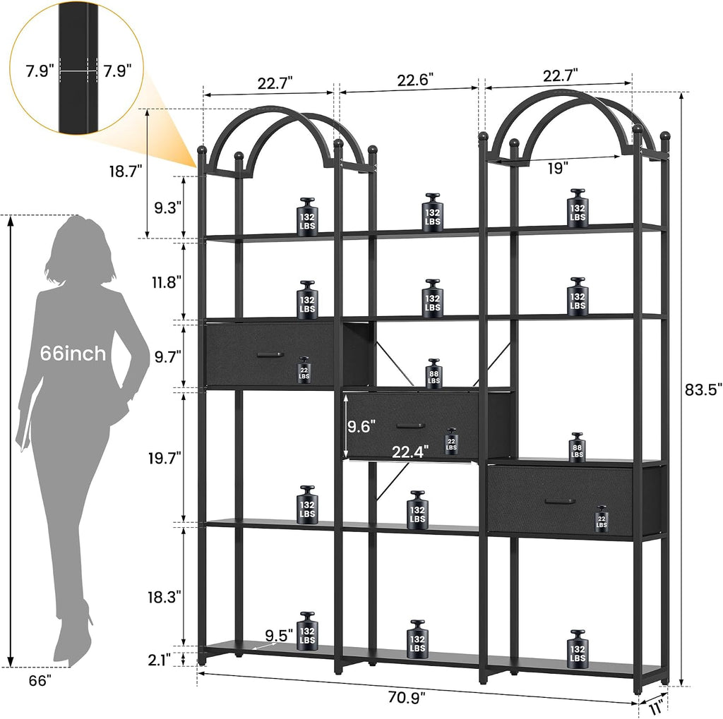 83.5" Tall Arched Bookshelf, Triple Wide 6-Tier Large Open Book Shelf with 3 Drawers Storage, Etagere Bookcase with Display Shelf, Industrial Bookshelf with Metal Frame for Living Room, Black