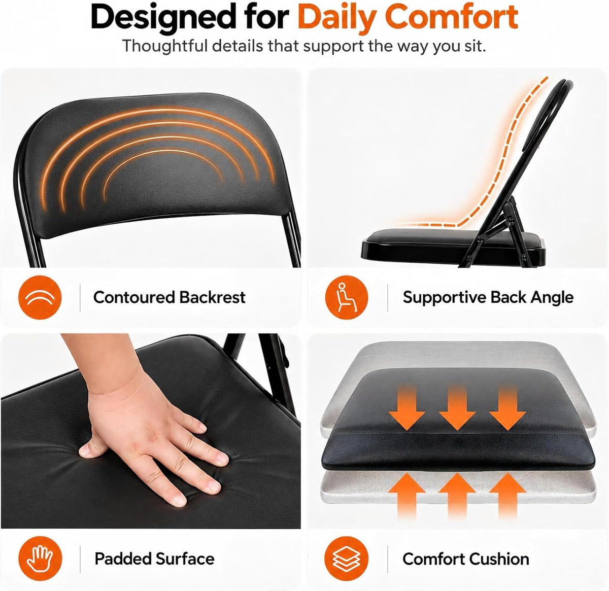 Fenbeli Padded Folding Chair, Black PU Leather, 1 Pack for Guest Seating