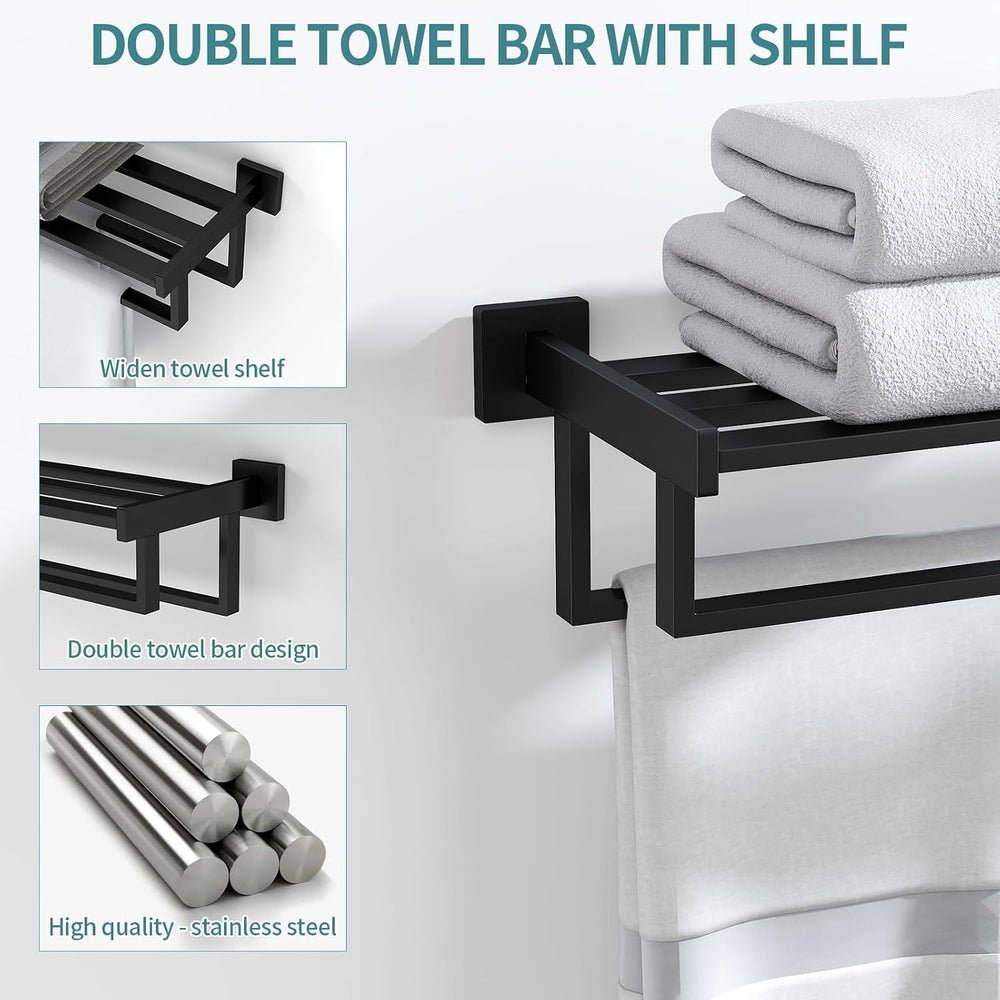 STWWO Towel Racks with Shelf for Bathroom Wall Mounted, 24 Inch, Black