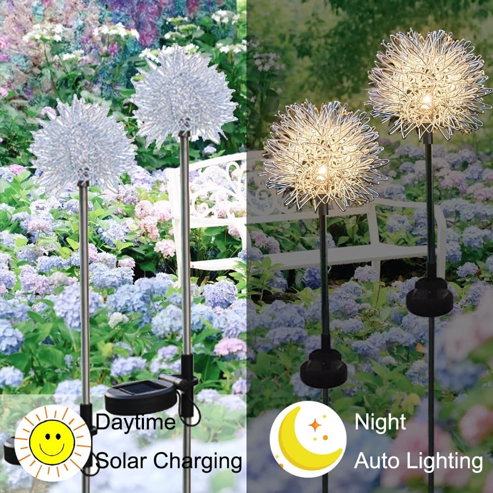 GUOCHENG Dandelion Solar Garden Lights, 4 Pack Solar Metal Dandelion Light