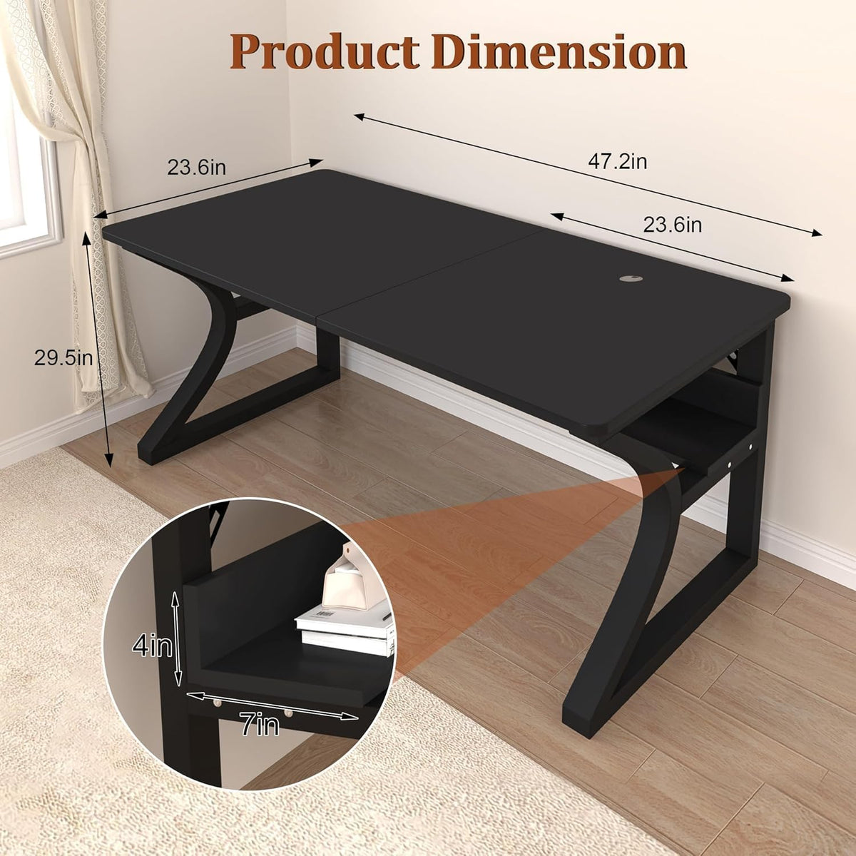 47 inch Computer Desk, Home Office Desk with Storage Shelf, Sturdy U-Shaped Metal Frame Study Table with Cable Management, Gaming Desk for Office & Bedroom (Black, 47inch)