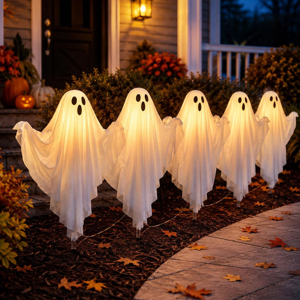 5 Pack Halloween Lighted Ghost Stake Pathway Lights Decorations for Outdoor