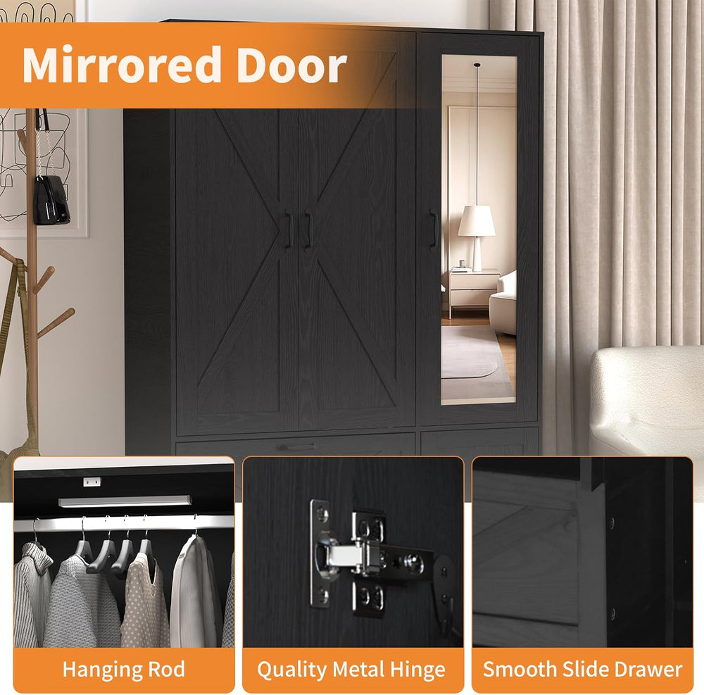 72" Armoire Wardrobe Closet with Mirror Door and LED Lights,3 Doors Farm...