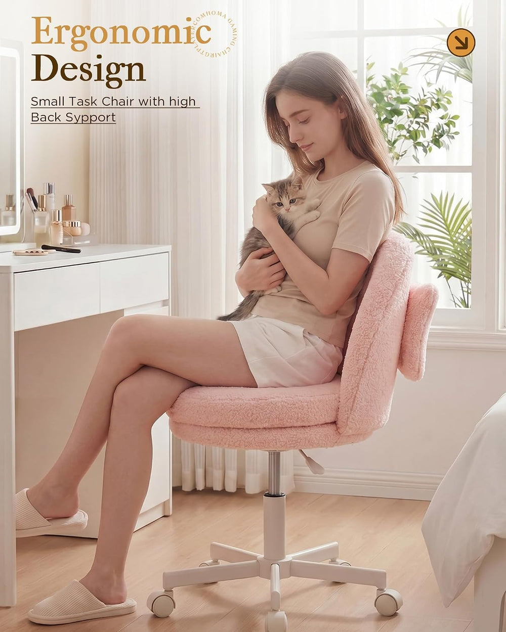 COMHOMA Vanity Chair with Wheels Velvet Tall Office Chair with Back,Armless D...
