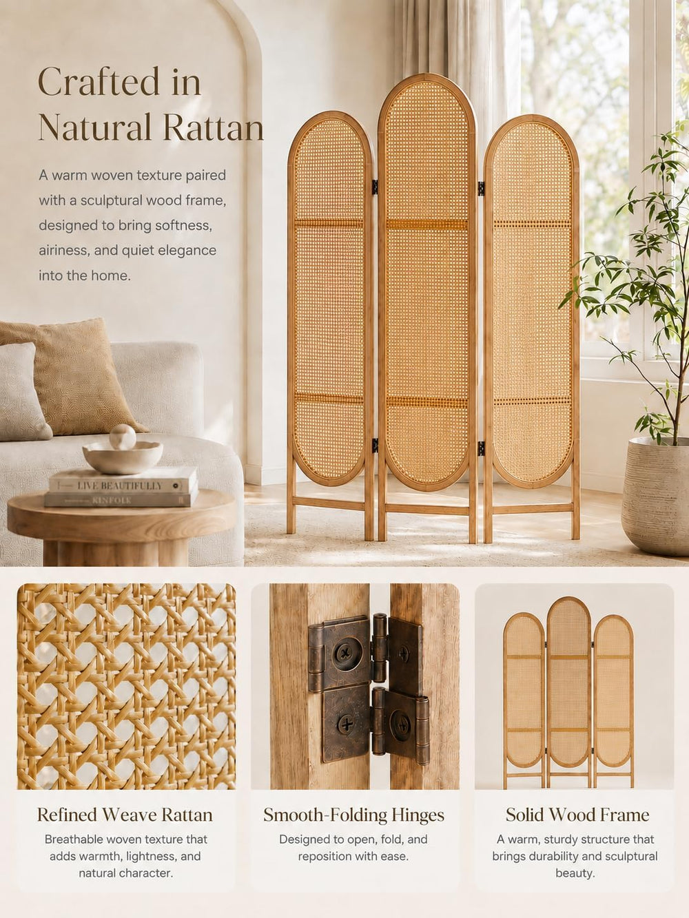 3 Panel Room Dividers and Folding Privacy Screens, Wooden Room Divider with B...