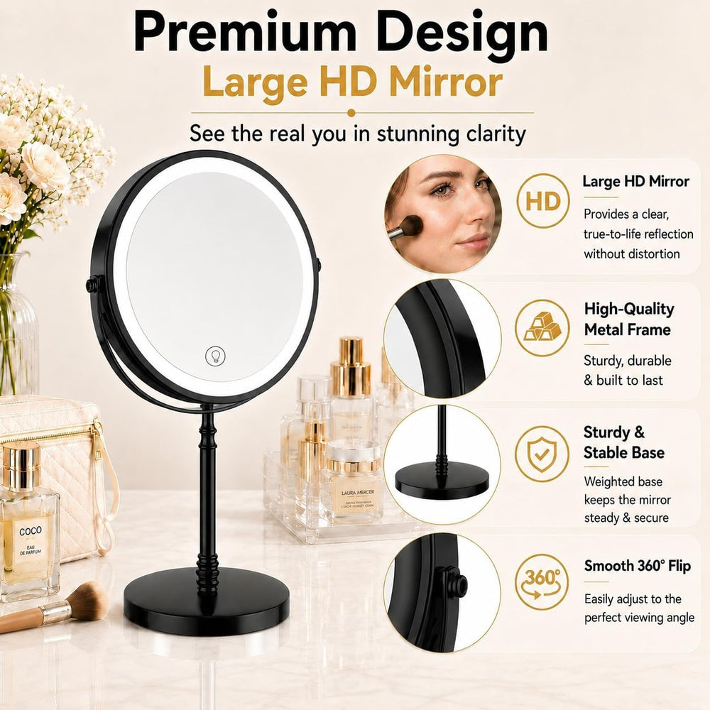 DEIOVWXS Makeup Mirror, Rechargeable Vanity Mirror with 3 Lights, 1X/10X