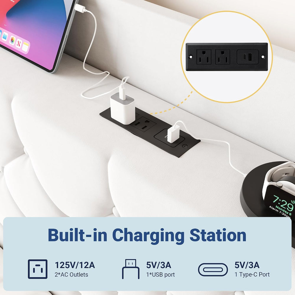 Allewie Queen Bed Frame, Storage Headboard & Charging Station, White