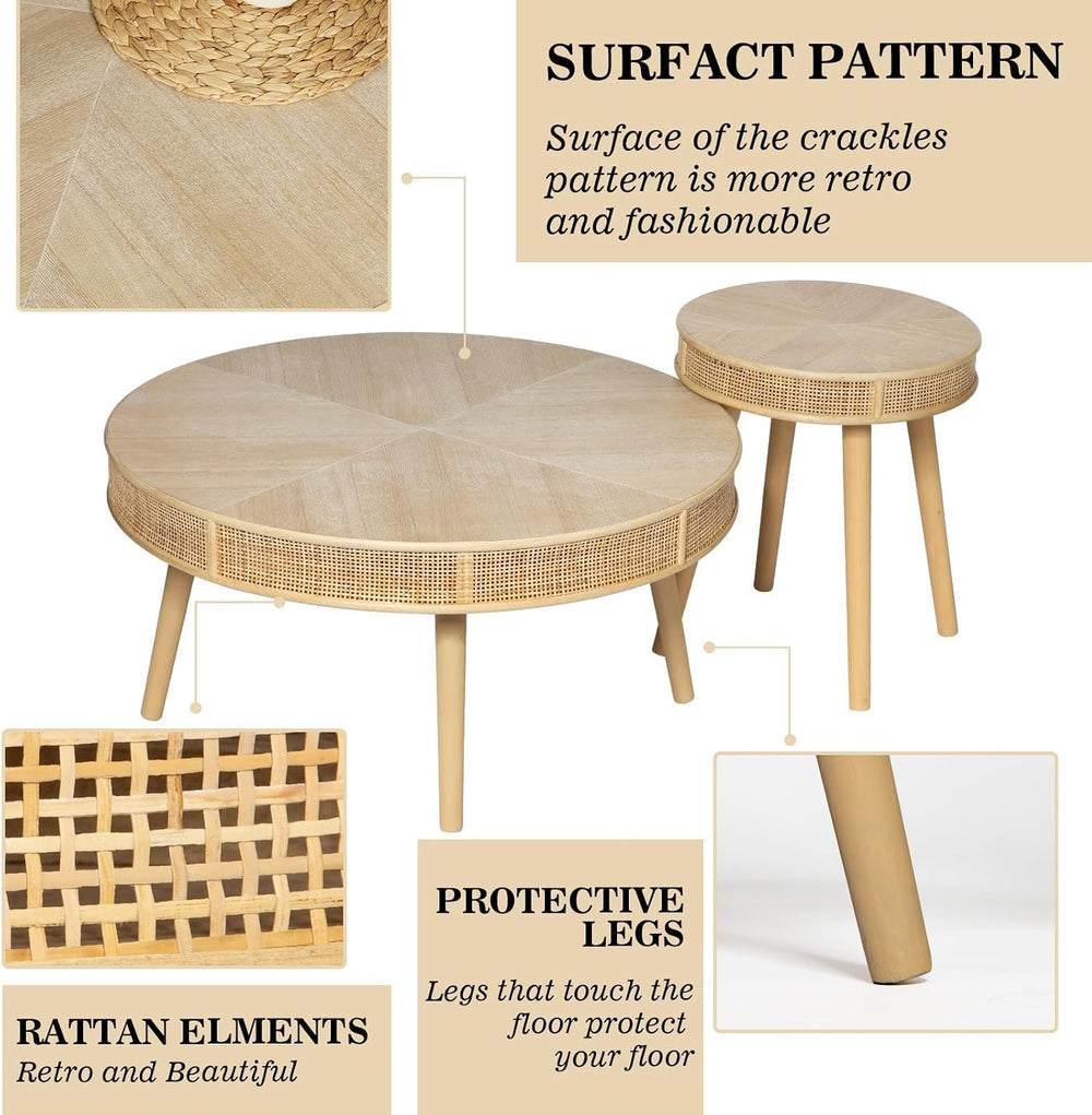 Wnutrees Farmhouse Round Coffee Table, Rustic Sofa Side Tea Set, Natural