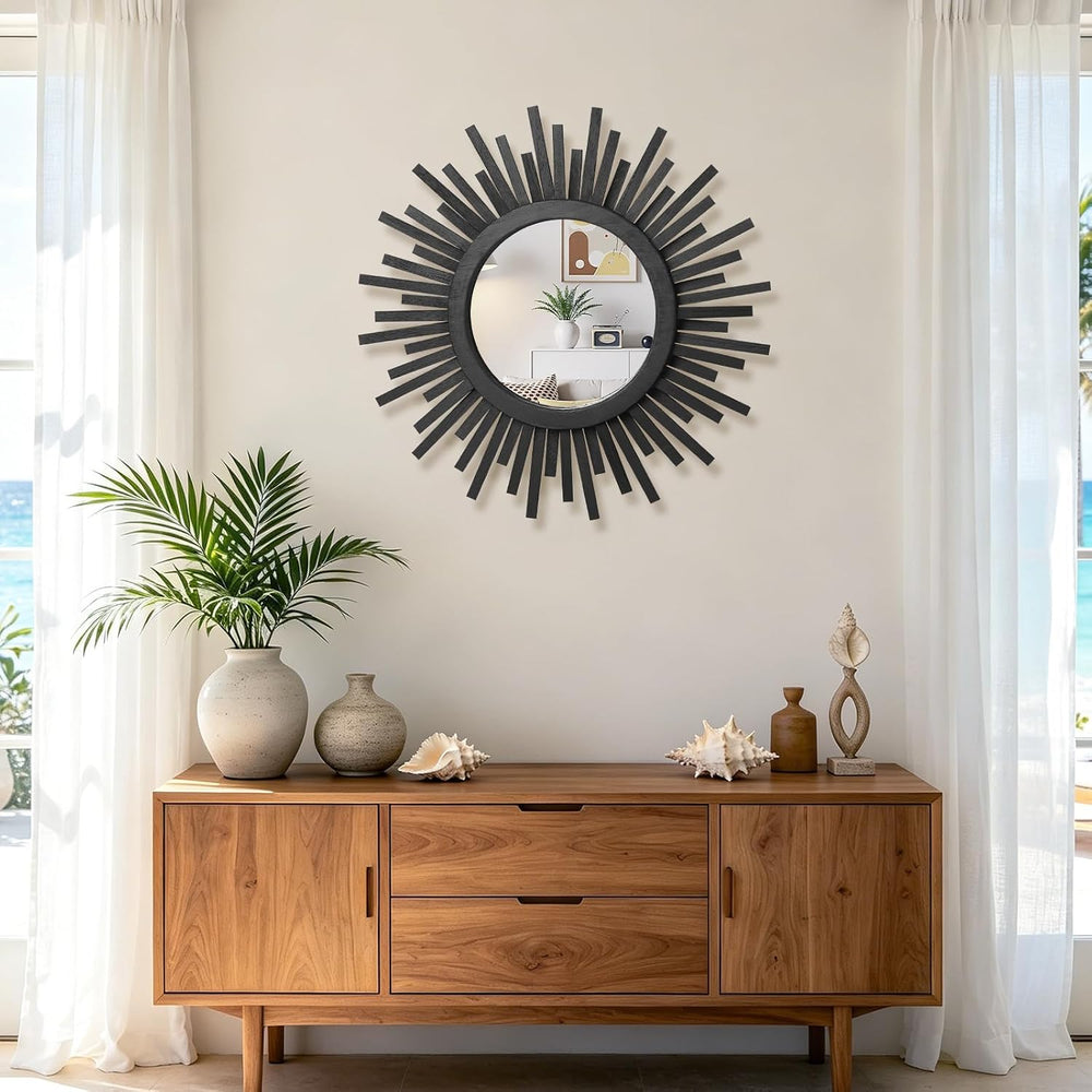 18 Inch Boho Sunburst Mirror, Round Wooden Wall Decor Starburst Sun Mirror fo...