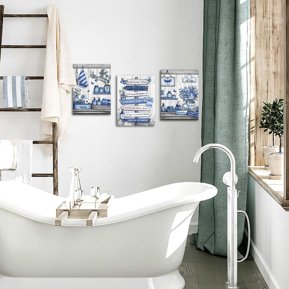 OuElegent Bathroom Wall Art Farmhouse Canvas Navy Blue 12''x16'&#...