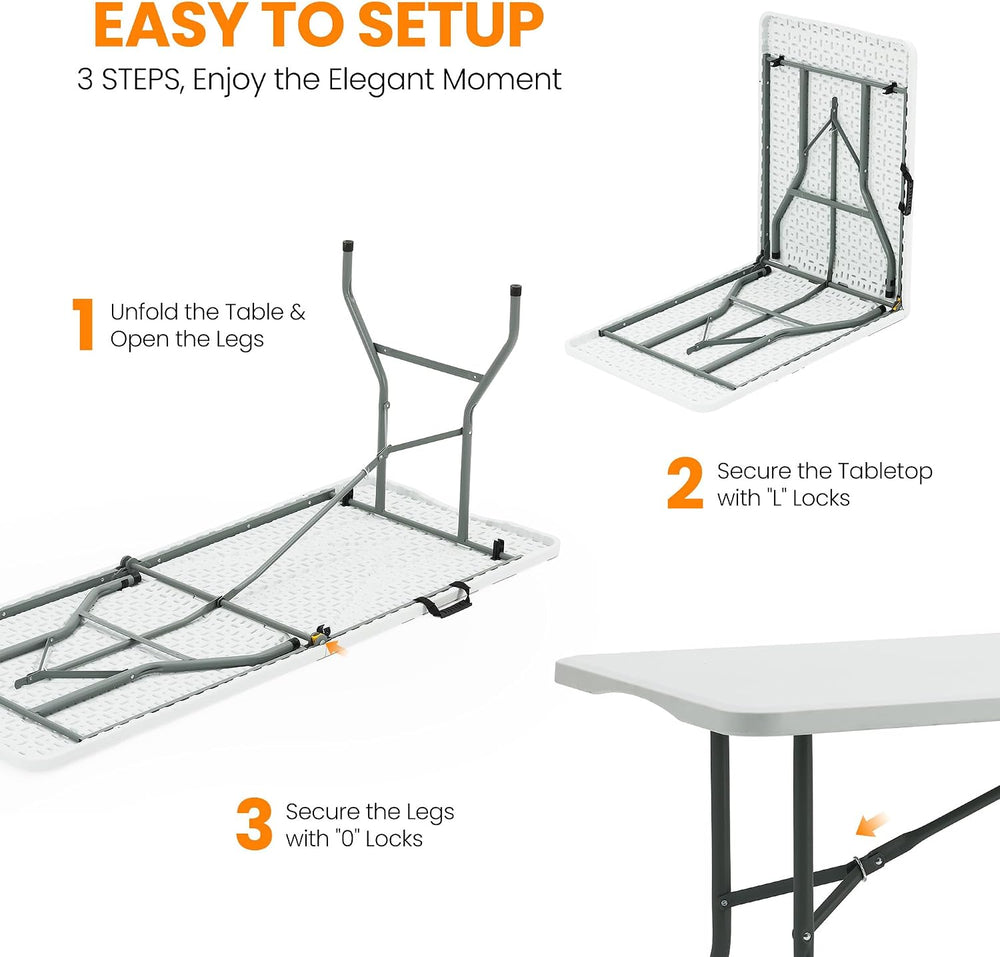 SEALAMB 6FT Portable Plastic Folding Table,Heavy Duty,Fold-in-Half,White