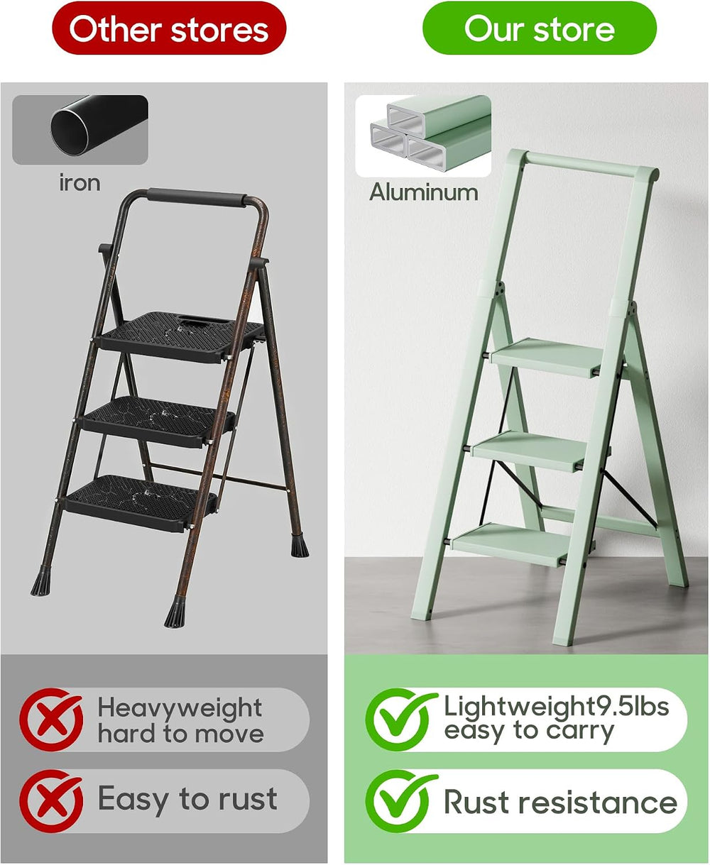 HillhutApex Aluminum 3 Step Ladder, Step Stool Foldable Ladder(Pale Green)