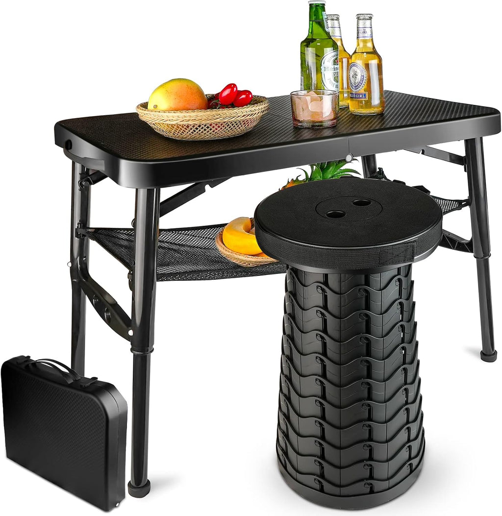 Portable Folding Table and Stool Set, Lightweight Foldable Table & Collapsible Stool for Camping Picnic Beach Fishing, Sturdy Small Outdoor Table with Mesh Layer Storage