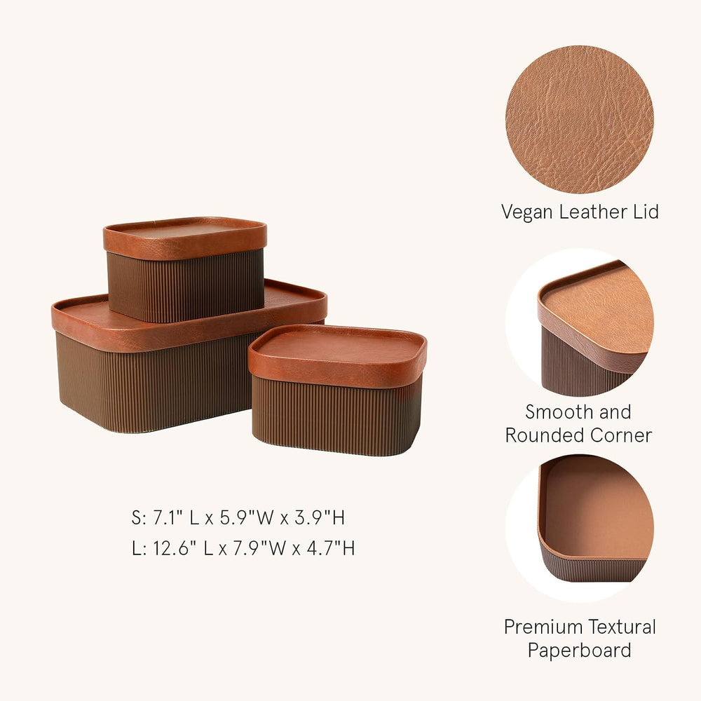 LA JOLIE MUSE Decorative Storage Boxes with Lids Faux Leather, Brown 3 Pack