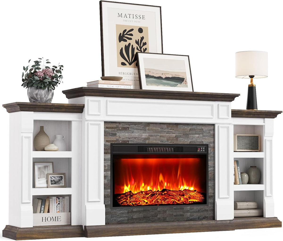 Naice 80" Electric Fireplace with Mantel Fireplace TV Stand for Living Room | Entertainment Center with 30in Realistic Flame Fireplace Heater and Reallike Stacked Stone Surround, White&Brown