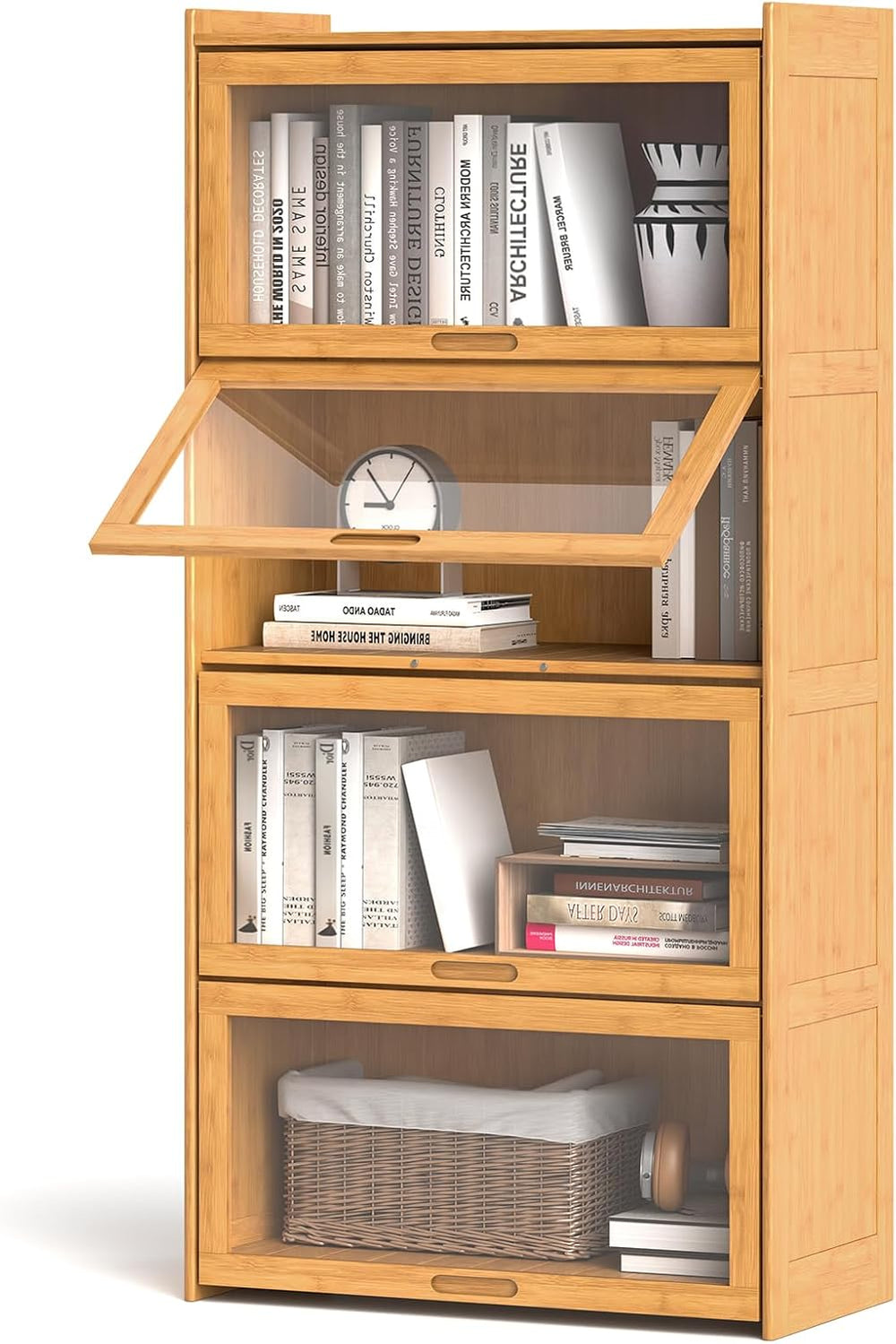 Giantex 4-Tier Bookcase with Clear Doors, 55" Bamboo Bookshelf with Flip...