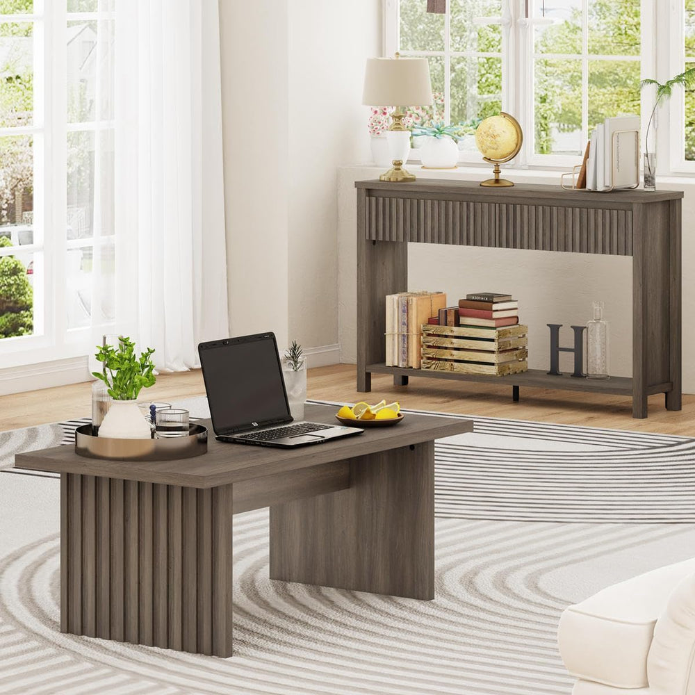 BON AUGURE 43 Inch Coffee Table, Fluted Wood Rectangle Living Room Tables