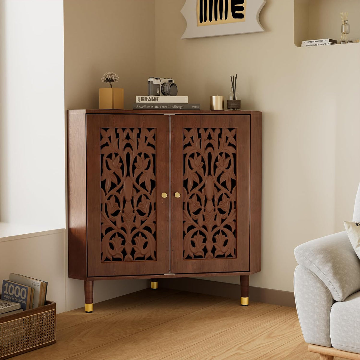 3More Retro Hollow Carved 2-Door Accent Corner Storage Cabinet, Brown