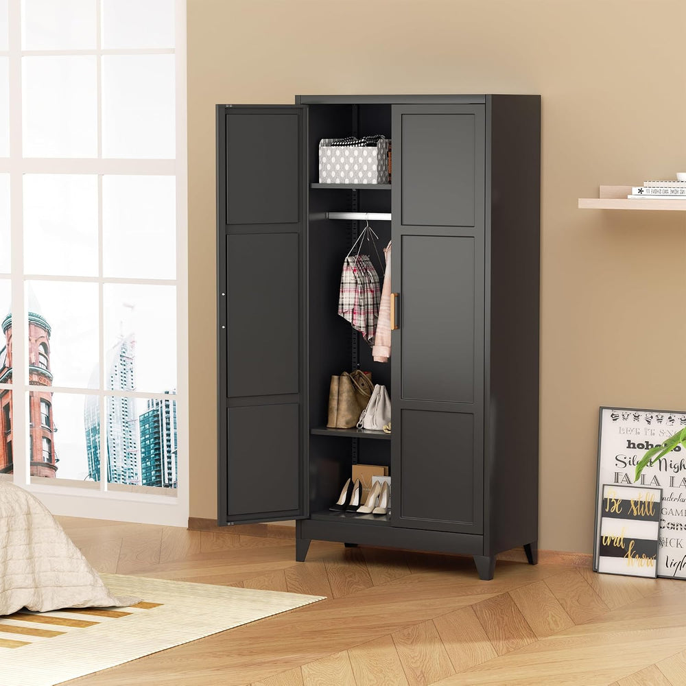 Superday Metal Wardrobe Closet, 72" H Bedroom Armoires with Wooden Handl...