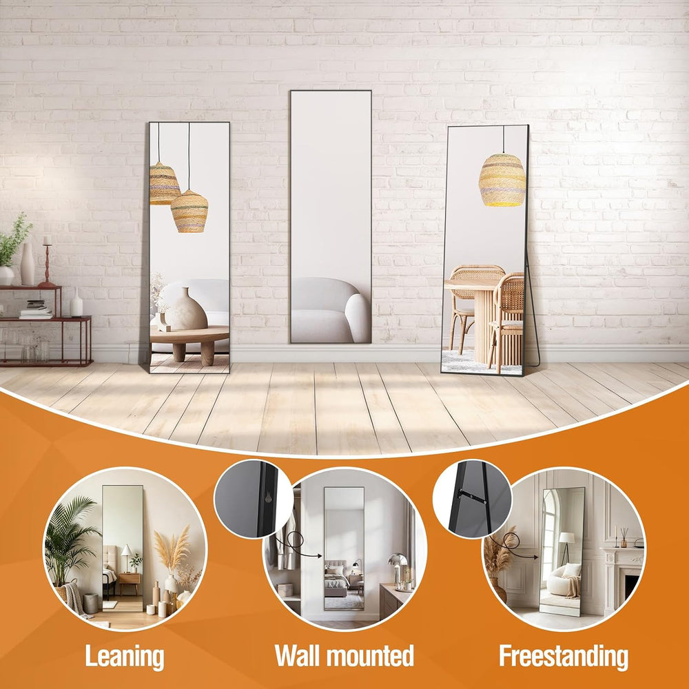 56"x18" Full Length Mirror, Black Aluminum Frame Standing Mirror