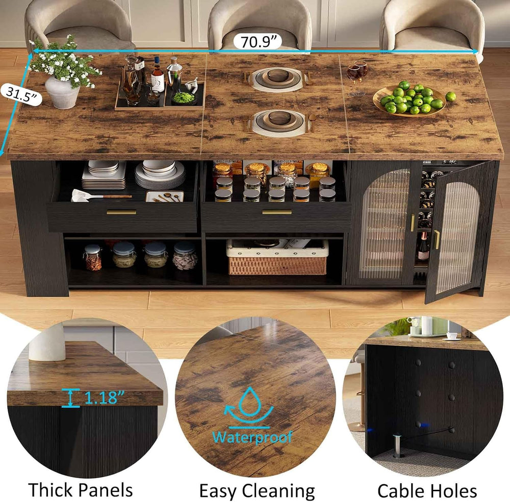 IBF 71" Large Kitchen Island with Storage and Seating, Rustic Brown &amp...