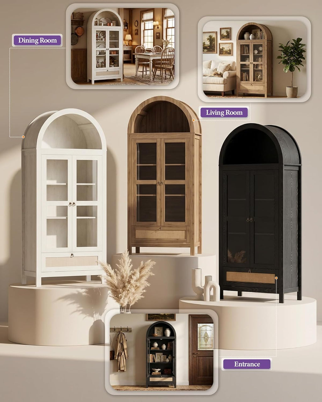 TYBOATLE 71'' Arched Pantry Cabinet with Glass Door for Kitchen Dining Room
