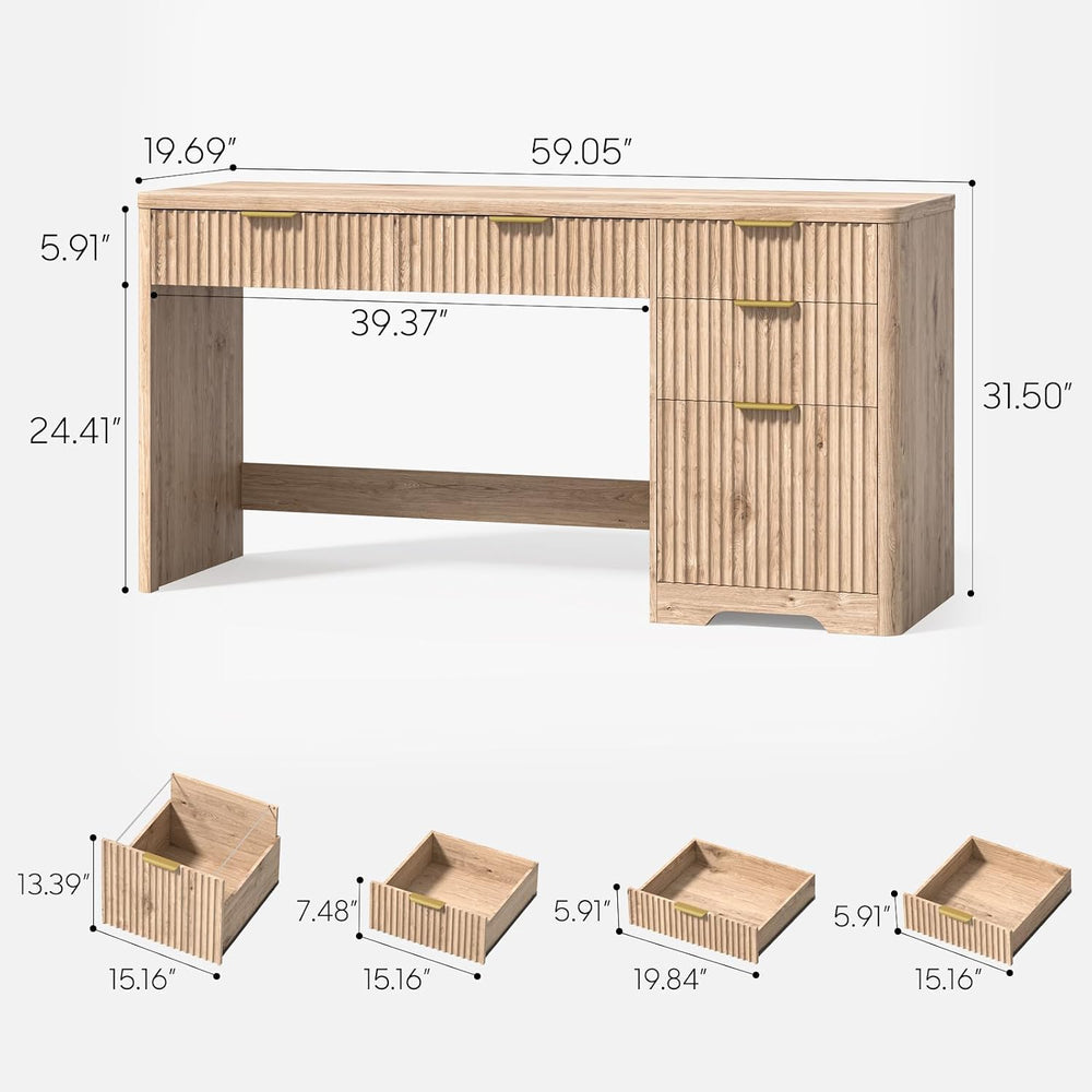 Vabches 59" Fluted Executive Desk with Adjustable File Drawer, Oak