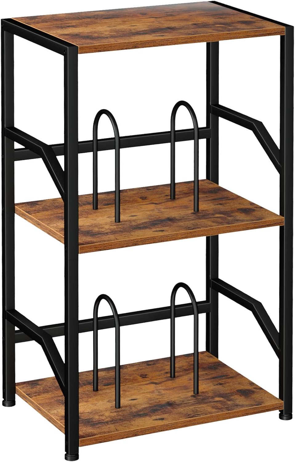 LOAKEKEL Record Player Stand, Vinyl Record Storage Up to 200 Albums, 3 Tier End Table with Removable Dividers, Tall Side Table for Living Room, Bedroom, Rustic Brown, HETCD010BR-1