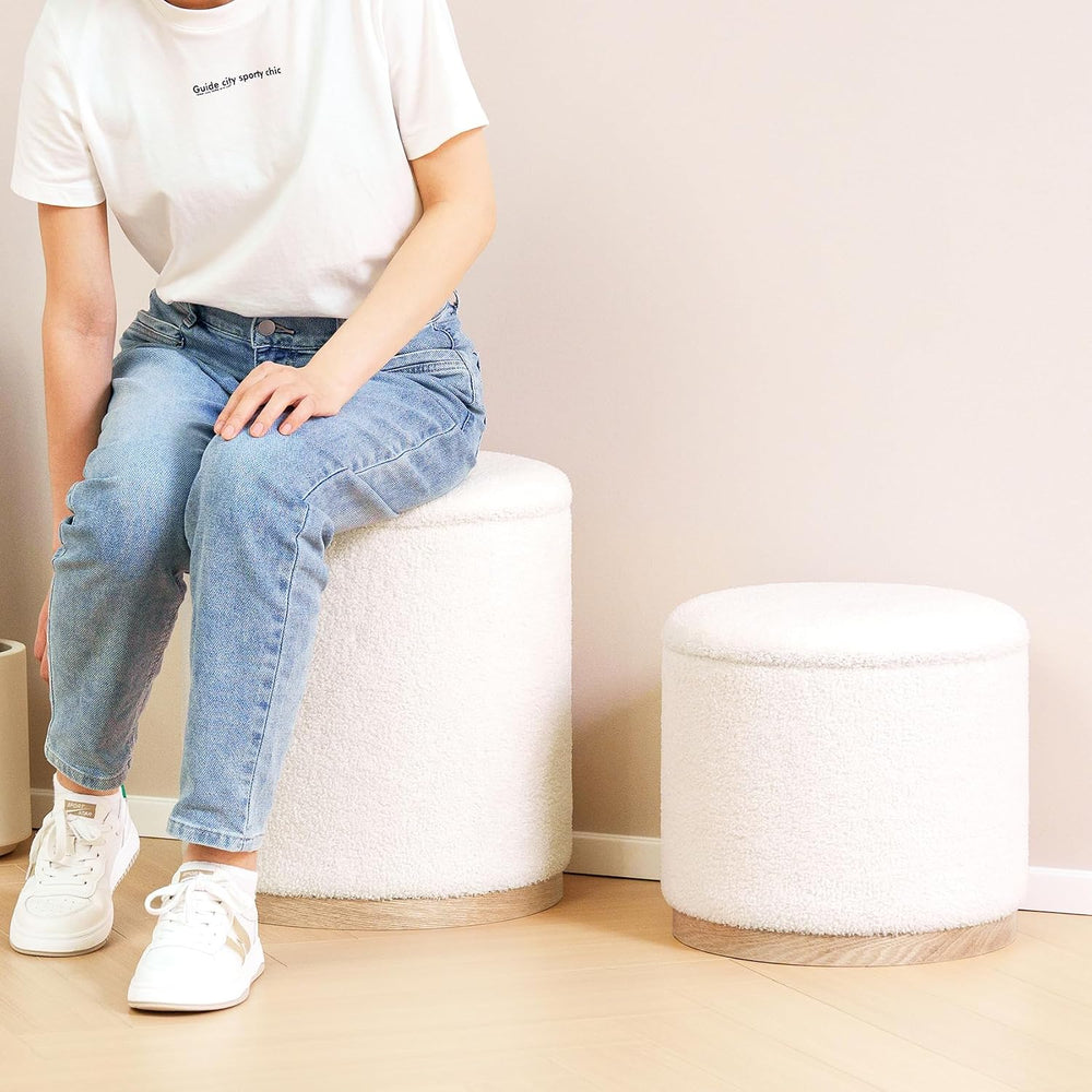PINPLUS Round Storage Ottoman Set of 2, Cream Boucle Stools with Tray