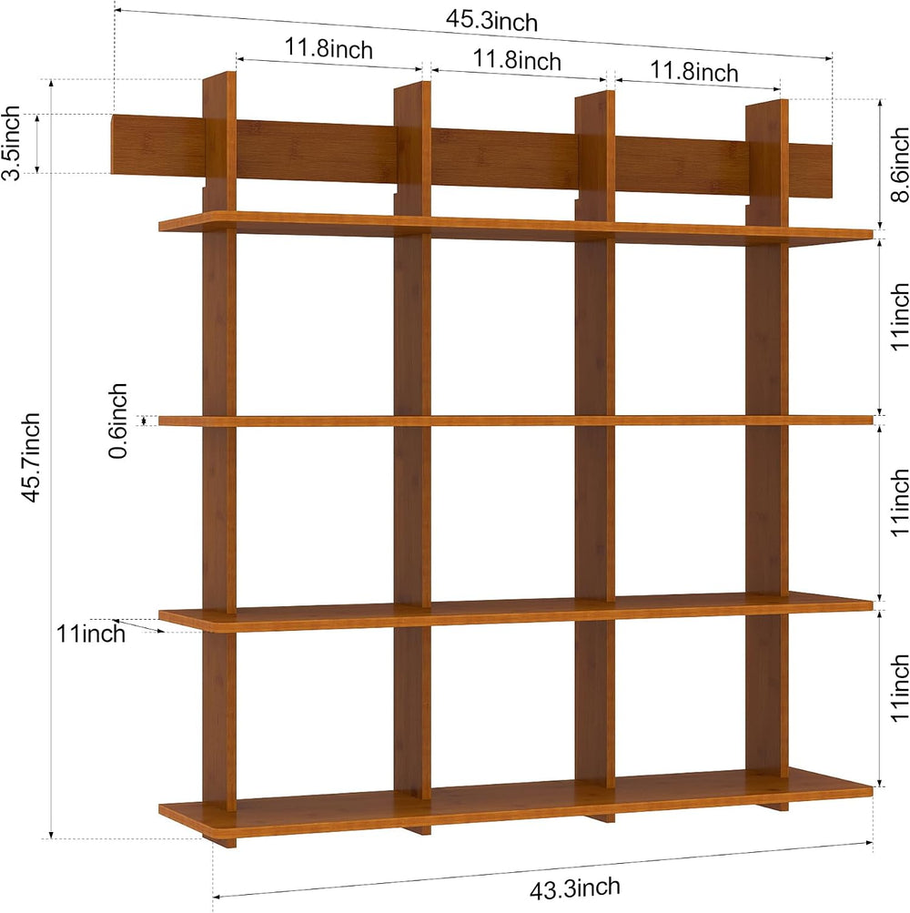 Lauxery 4-Tier Bamboo Wall Mounted Bookshelf, Rustic Brown, 43.3x45.7 in