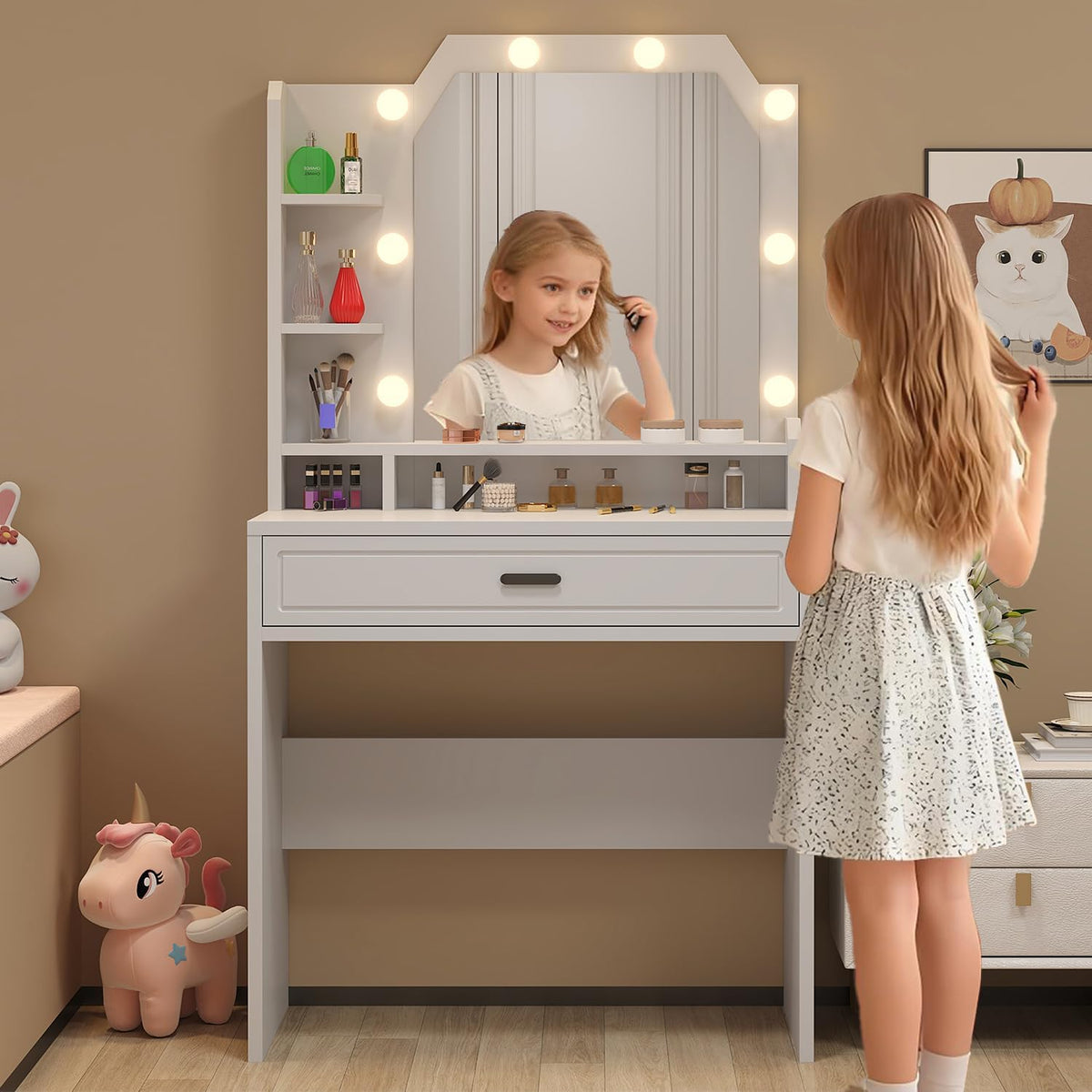 Makeup Vanity with Mirror with Lights for Girls White Lighted Vanity Desk Small Makeup Vanity Table Set with Storage Drawers 3 Lighting Modes & Adjustable Brightness