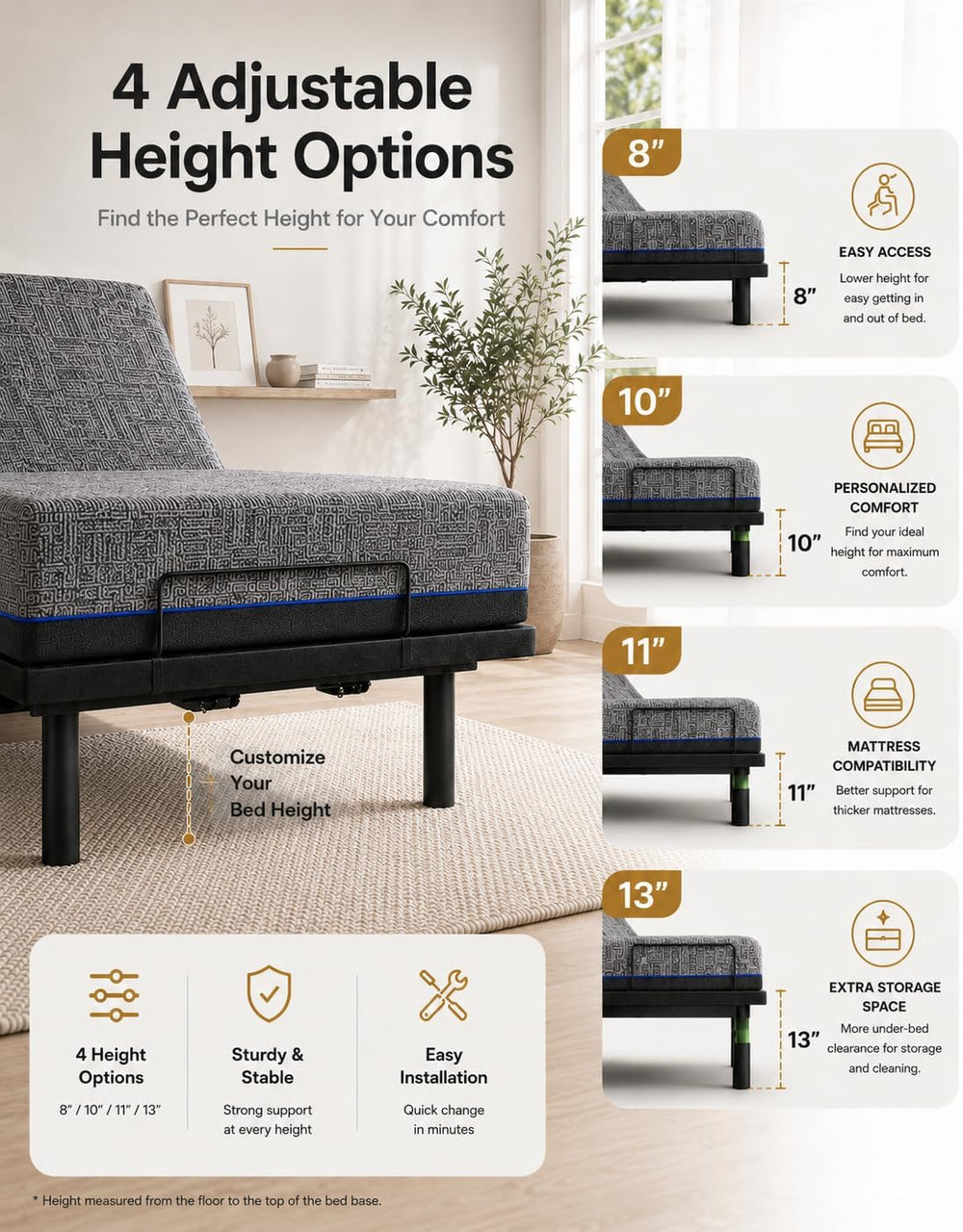 Marsail Adjustable Bed Frame Queen Electric Base, Head & Foot Incline