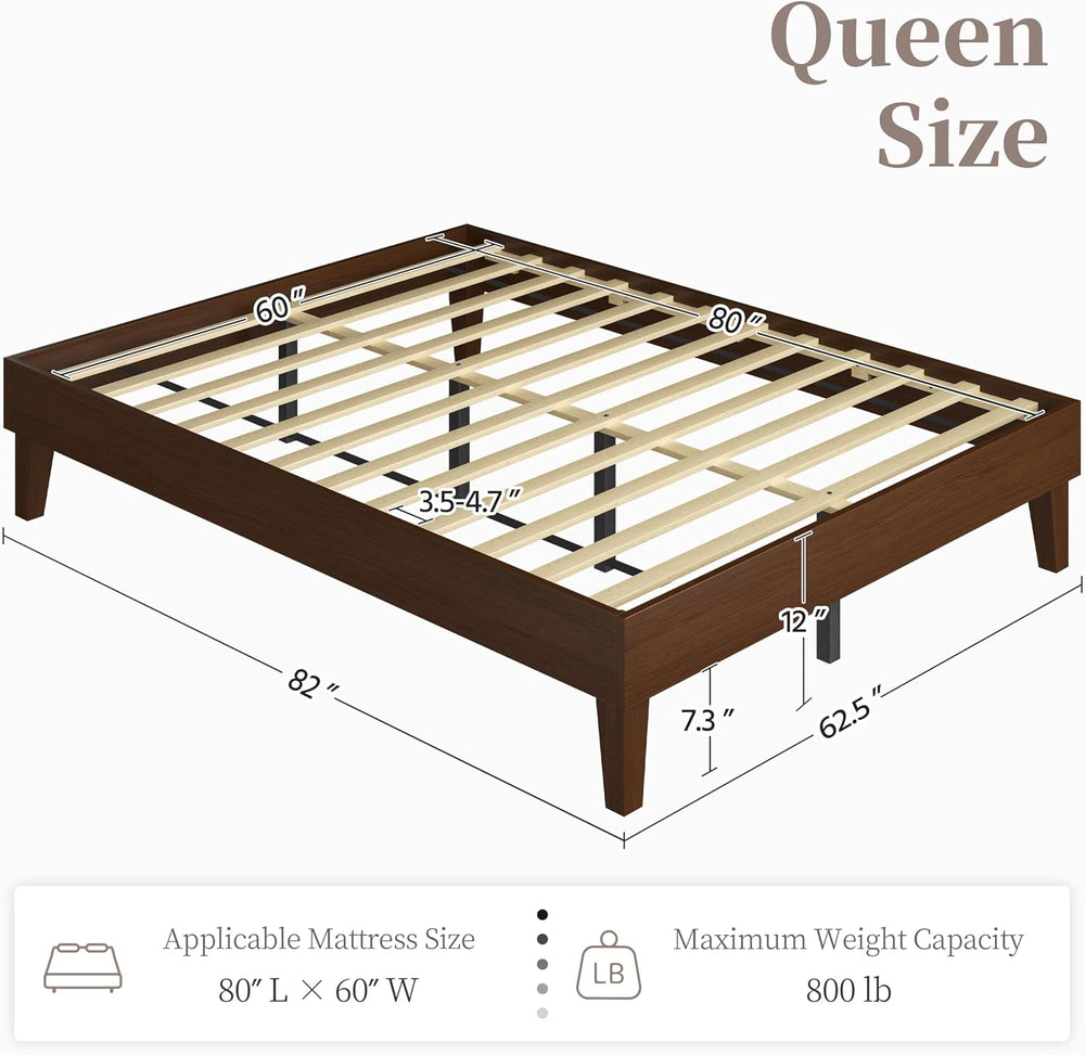 Yaheetech Queen Size Solid Wood Platform Bed Frame Low-Profile Dark Walnut