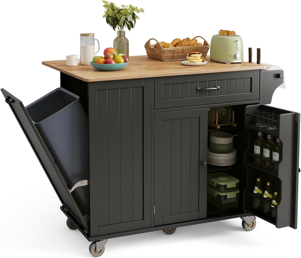 Ahomly Kitchen Island with Storage, Black, 44.49" W