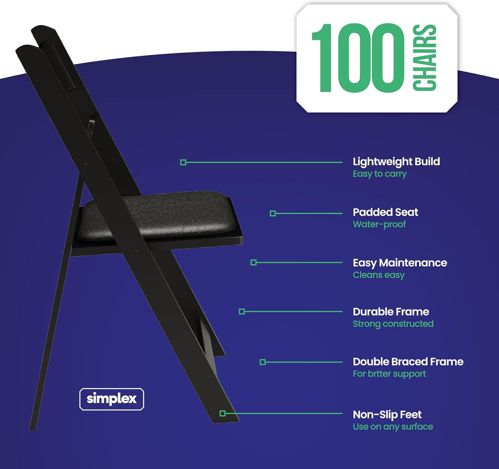 SIMPLEX 100 Black Resin Folding Chairs, Stackable Event & Party Chairs, 8...
