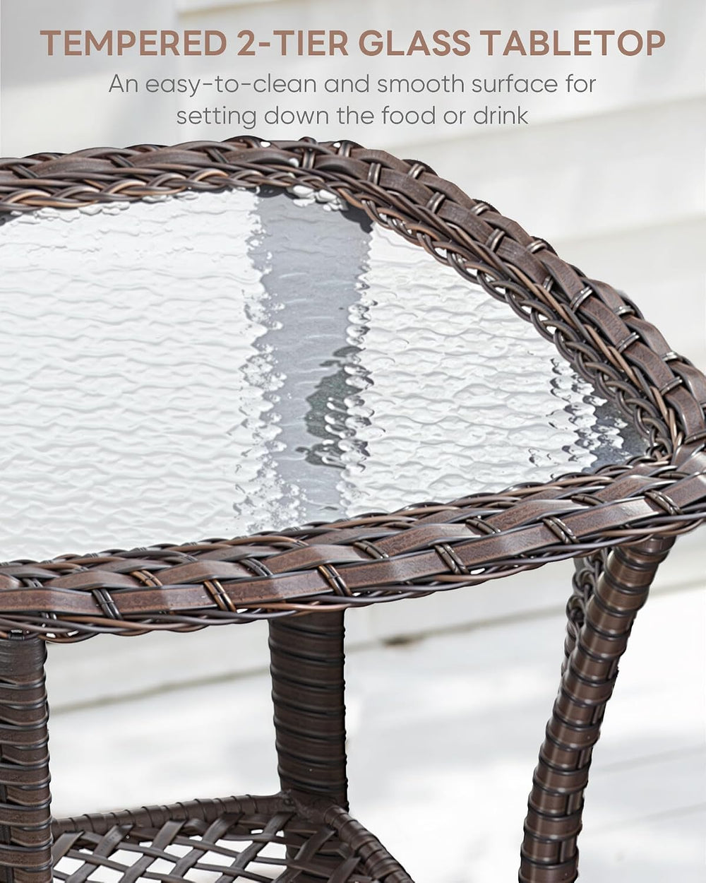 3 Piece Patio Brown Wicker Chairs with Side Table - Outdoor High Back Heavy D...