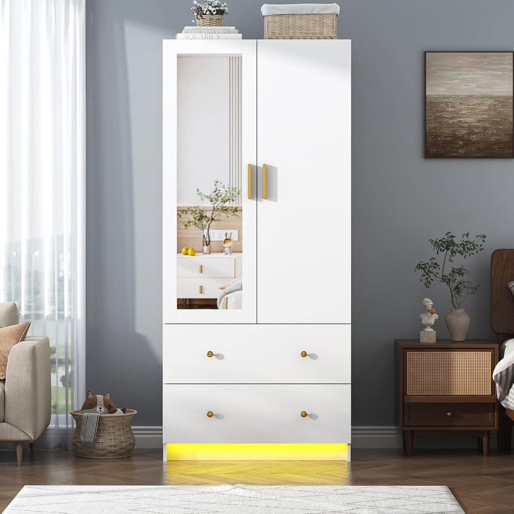 chartustriable 2 Doors Armoire Wardrobe Closet with Mirror, LED Closet with D...