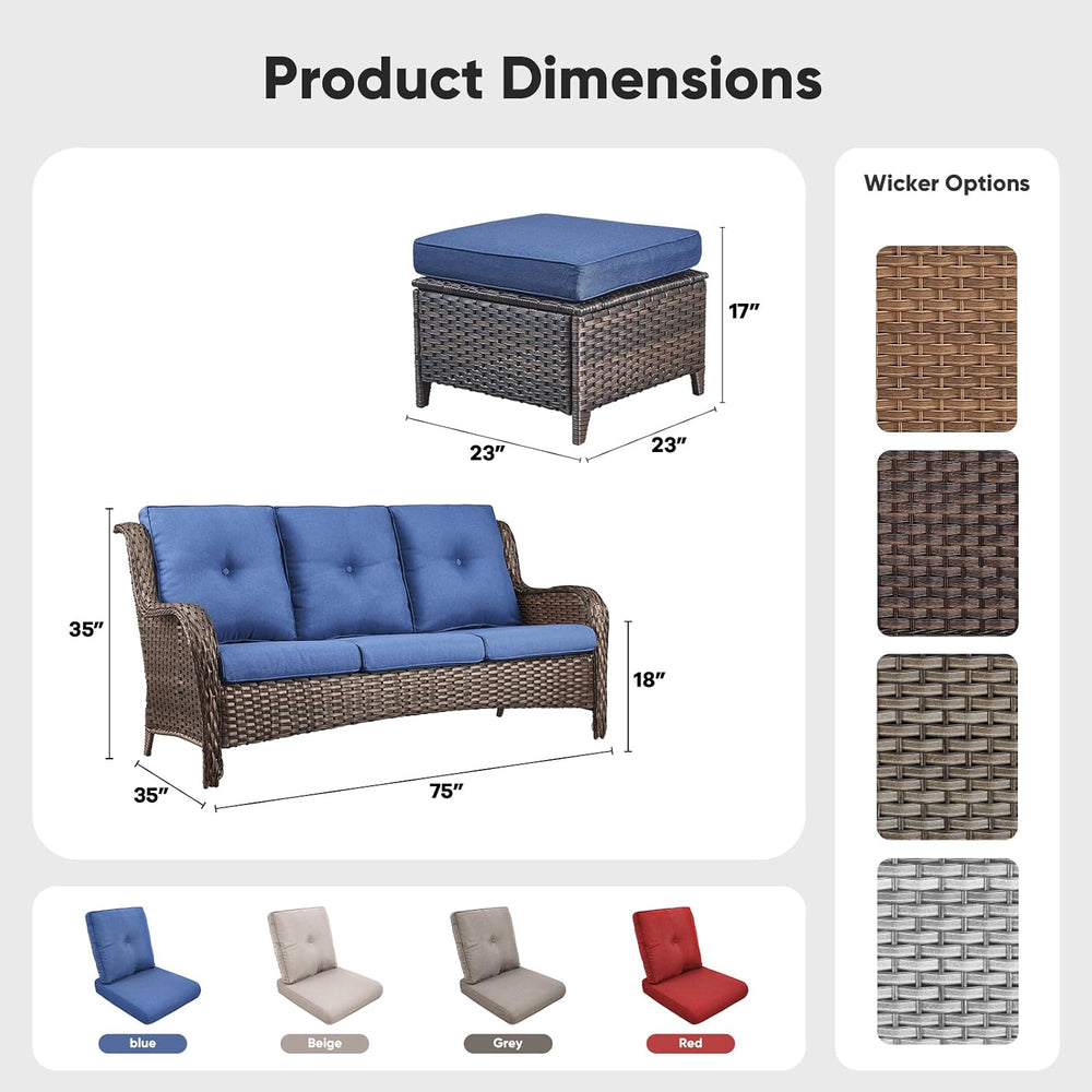 Belord 3-Piece PE Wicker Outdoor Sofa with 2 Ottomans, Luxury Patio Couch Con...