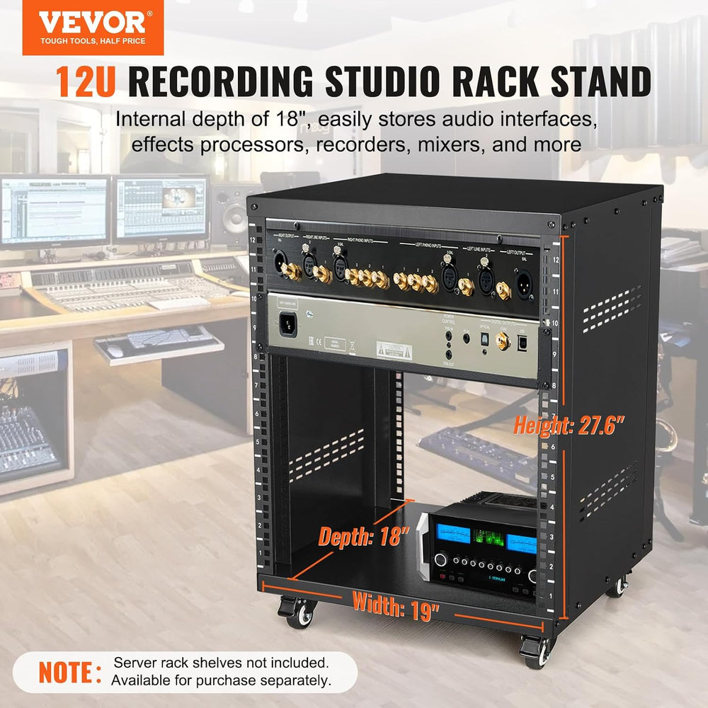 VEVOR 12U AV Rack Stand with Caster Wheels, Component Rack Cabinet Recording ...