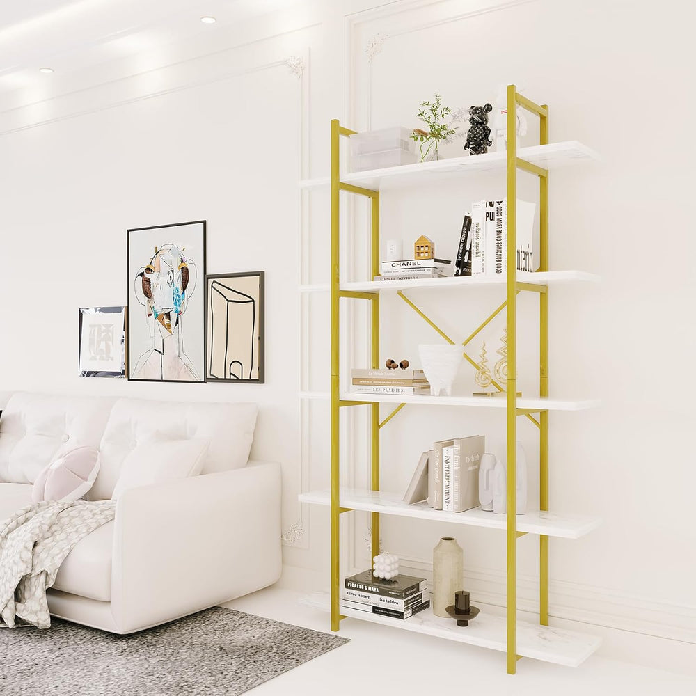 5 Tiers Bookshelf Organizer White Faux Marble Shelf,Modern Open Display Stora...
