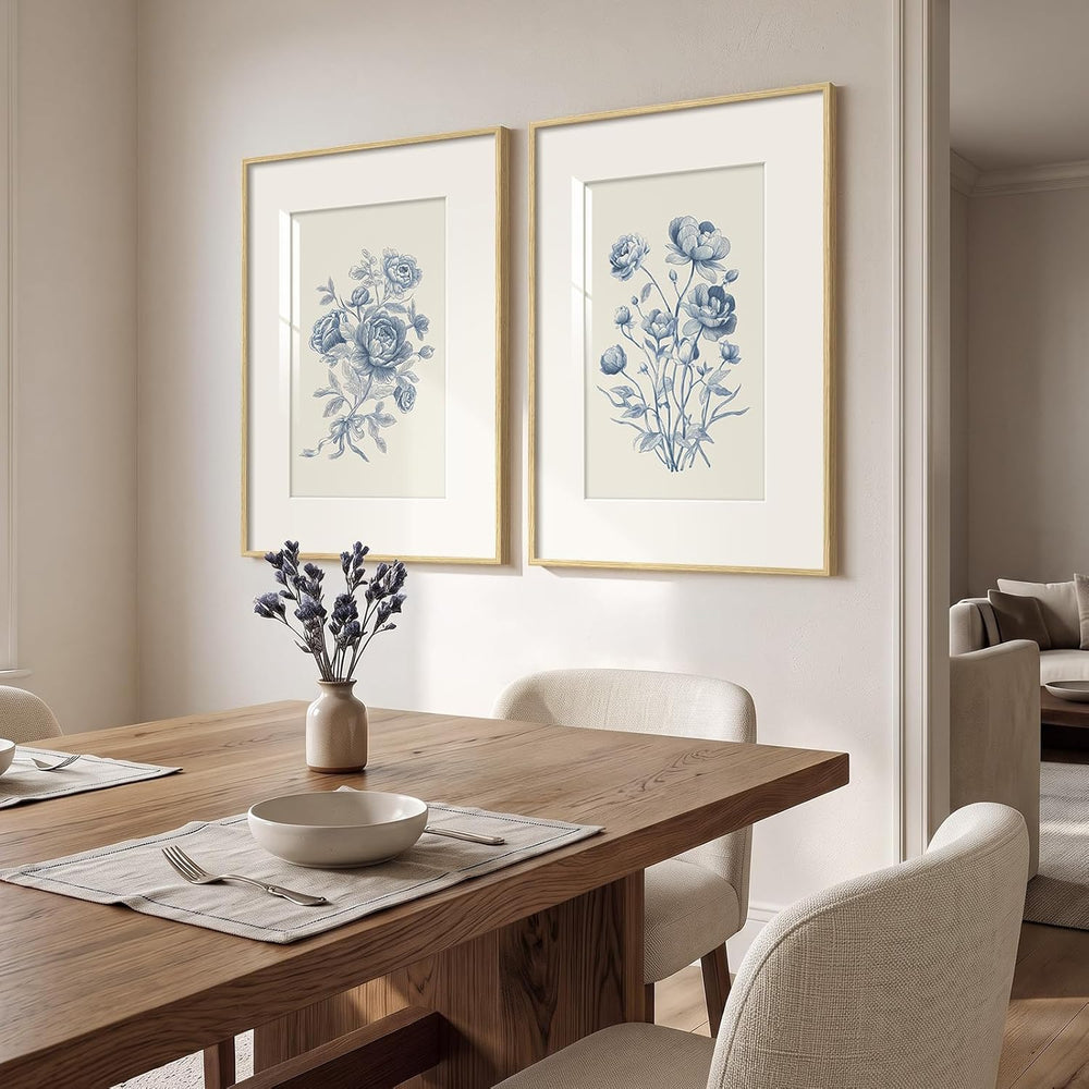 Framed Vintage Blue Floral Botanical Wall Art for Living Room, 2 Piece