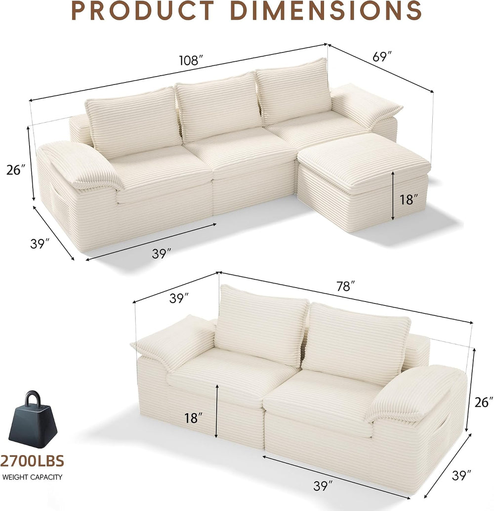 2Pcs Cloud Sectional Couch Sets, Convertible Modular Sofa. Beige