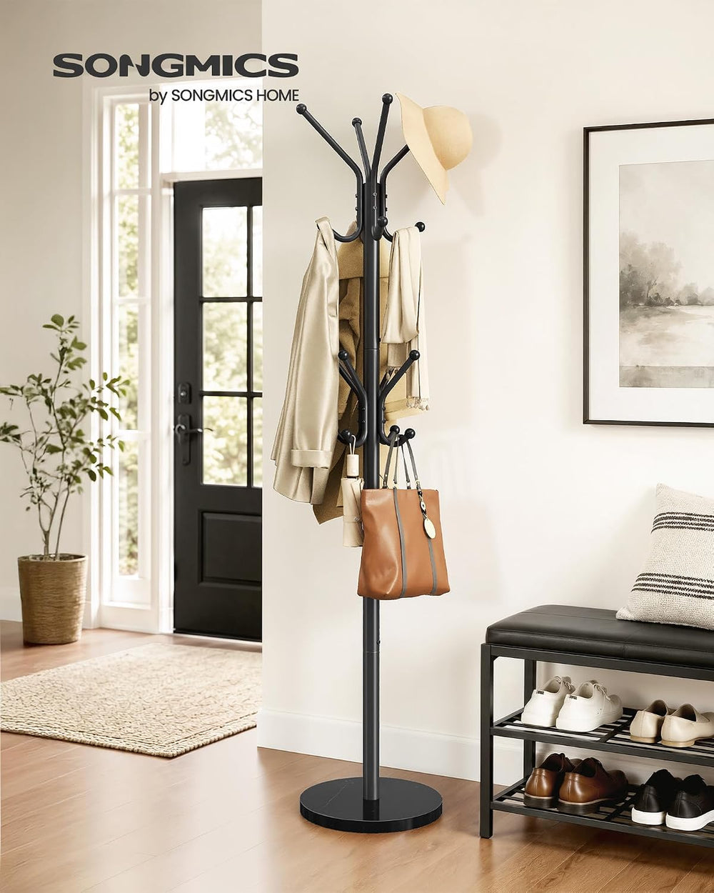 SONGMICS Freestanding Coat Rack, 16 Hooks, Steel Coat Tree with Marble Base