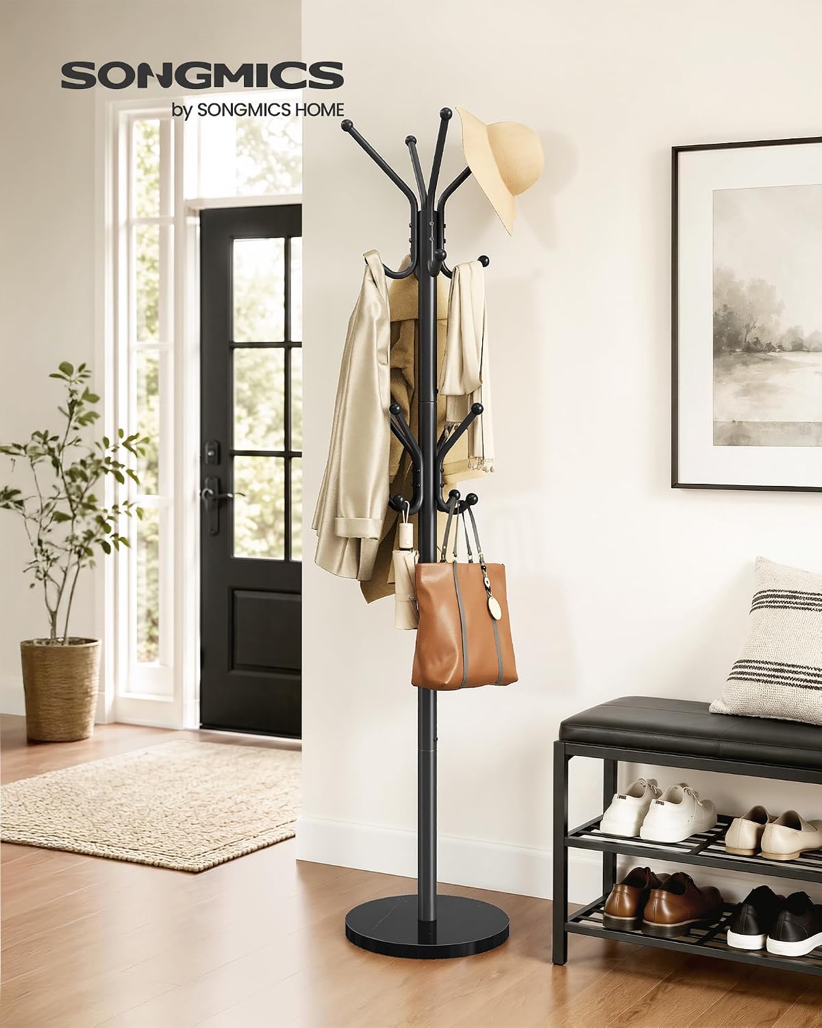 SONGMICS Freestanding Coat Rack, 16 Hooks, Steel Coat Tree with Marble Base