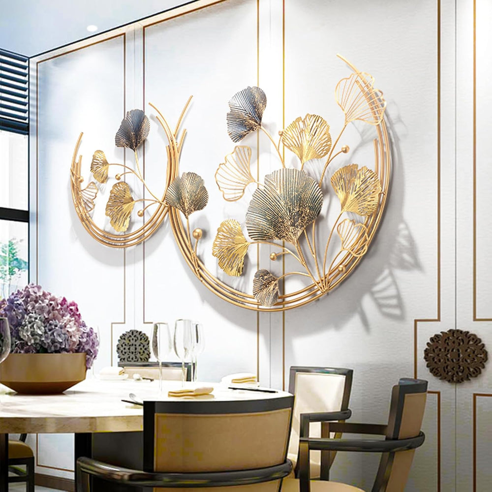 CDDUOLA 3D Room Wall Decor, Handmade Art Metal Round Golden Ginkgo Leaf Decor...