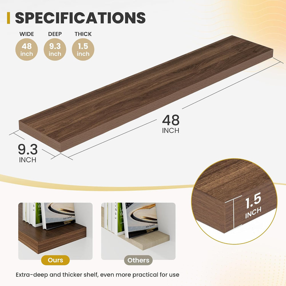 Acovy 48 Inch Floating Shelves, 9.3" Deep Floating Shelf Wall Mounted, 4...