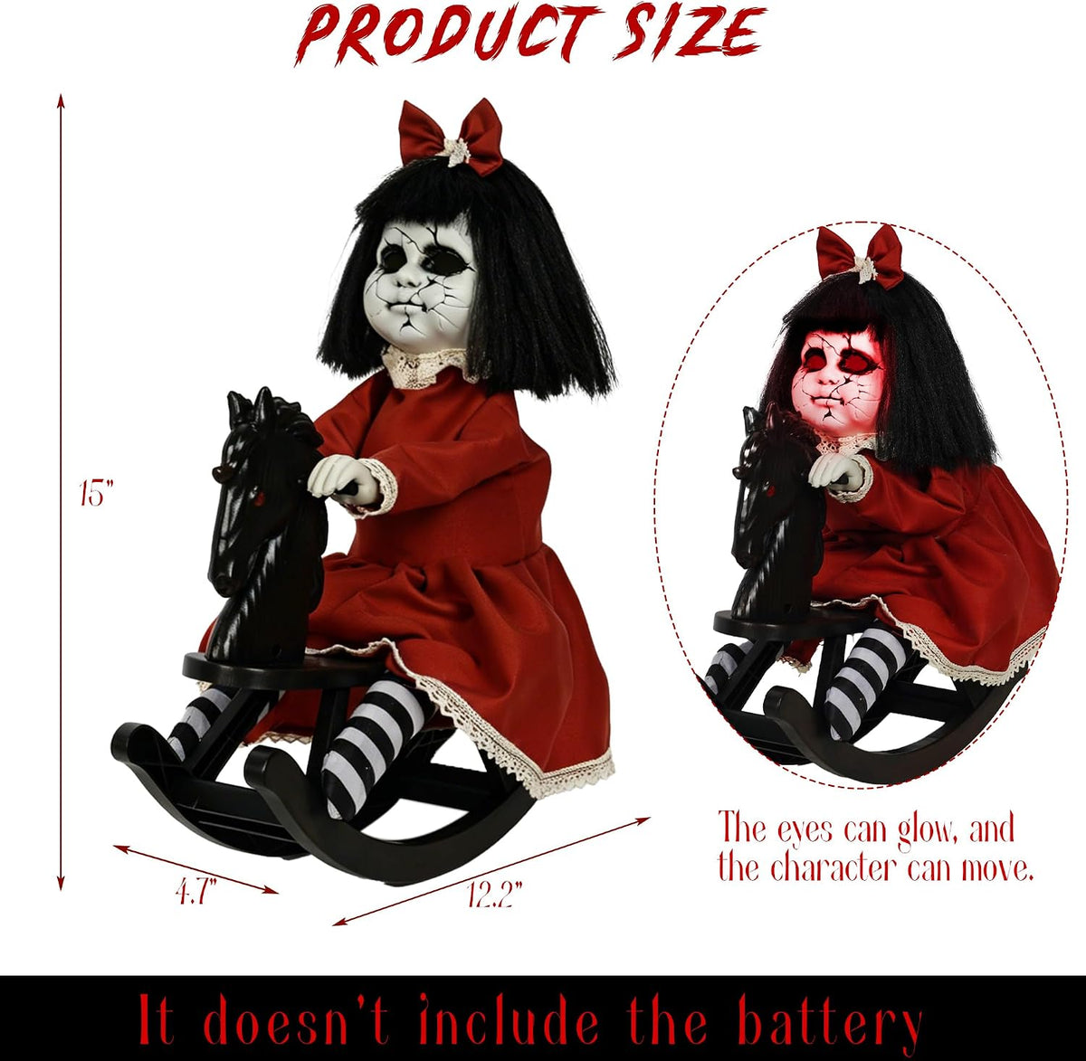 Hourleey Halloween Animatronics Decorations, Sound Activated Girl Doll on Rocking Horse with Lights and Sound, Animated Halloween Decor for Indoor Outdoor Haunted House Party Prop