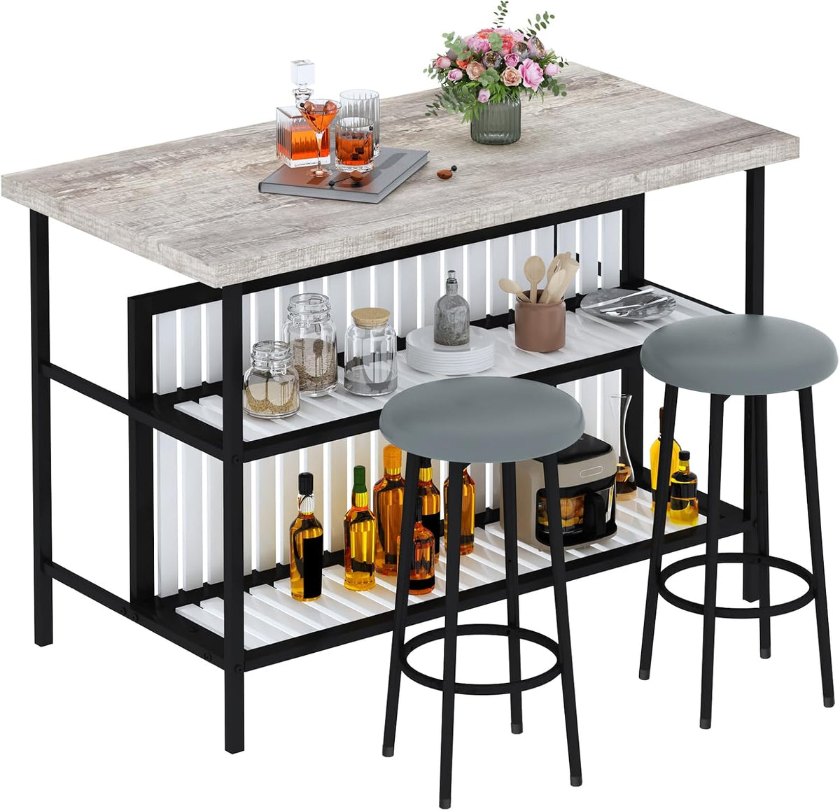 AWQM Kitchen Island with Seating & Storage, Bar Table and Chair Set, Grey